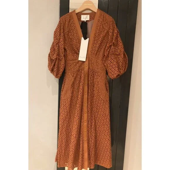 JOHANNA ORTIZ Magical Discipline Burnt Orange Eyelet Cotton Dress Size US 2 NWT - Picture 5 of 12
